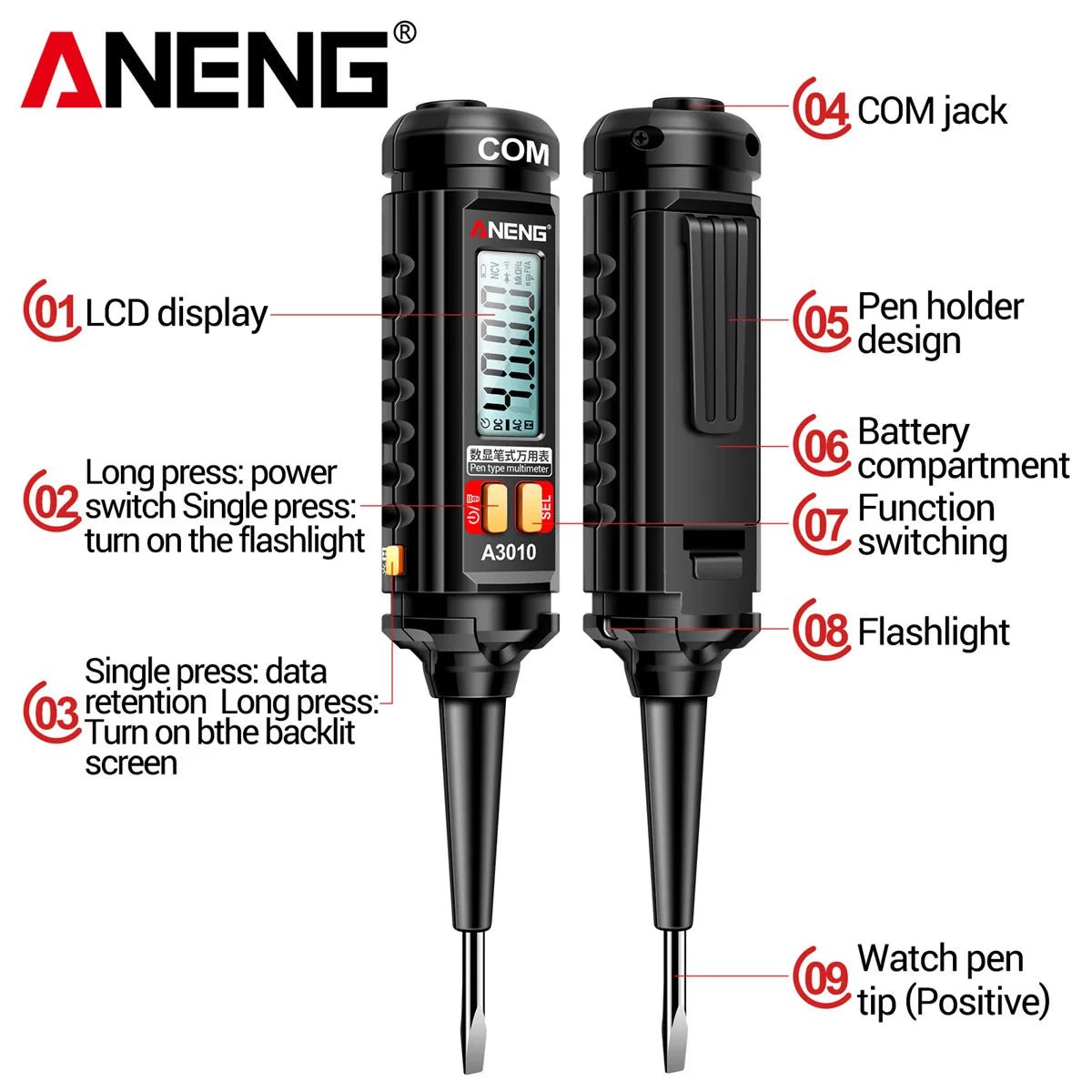 A3010 4000 Counts Pen - Type Multimeter True - RMS Backlight Multi Meter Digital Auto Range Tester - www.vaioshub.com.au