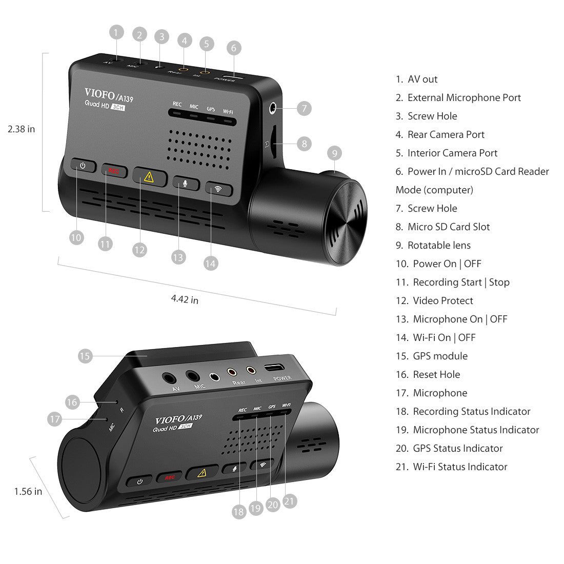 Viofo A139 2CH Dual Channel Dash Cam - Front 2K 1440P + Rear 1080P with 5GHz Wi - Fi and GPS - VAIOS PTY LTD