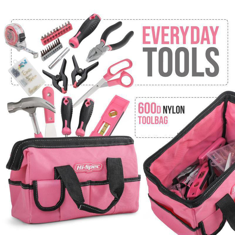 Every Day Tool Kit With Wide Mouth Open Storage Tool Bag Hand DIY 130-Piece Pink Tool Set for Women