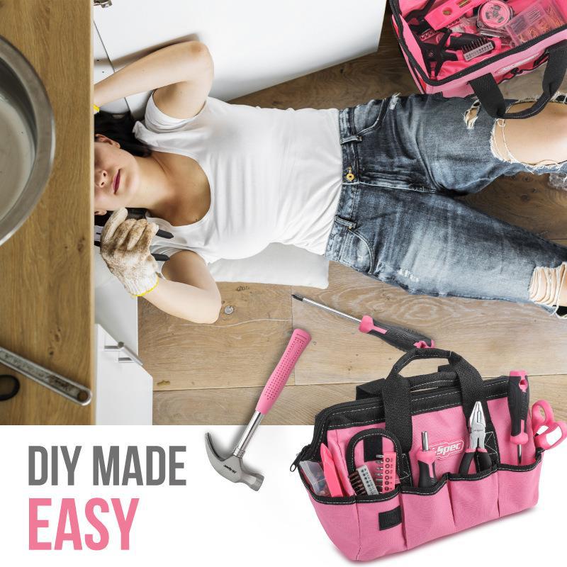 Every Day Tool Kit With Wide Mouth Open Storage Tool Bag Hand DIY 130-Piece Pink Tool Set for Women - www.vaioshub.com.au