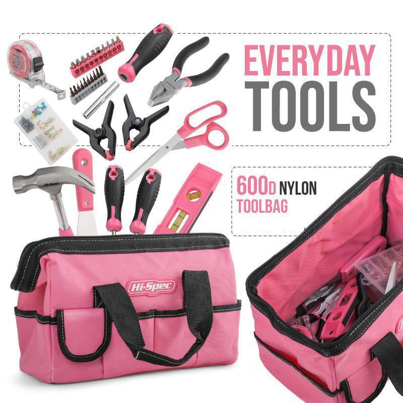 Every Day Tool Kit With Wide Mouth Open Storage Tool Bag Hand DIY 130-Piece Pink Tool Set for Women - www.vaioshub.com.au