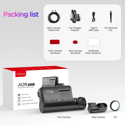 Viofo A139 2CH Dual Channel Dash Cam - Front 2K 1440P + Rear 1080P with 5GHz Wi - Fi and GPS - VAIOS PTY LTD